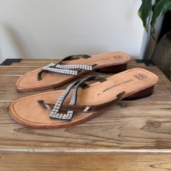 Athena Alexander Metallic Brown Rhinestone Embellished Low Heeled Thing Sandal - Picture 1 of 13